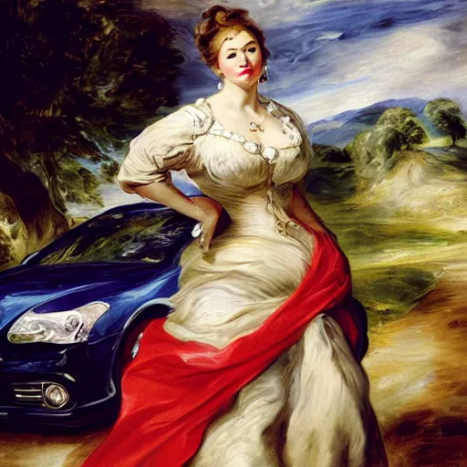 Image similar to heavenly summer sharp land sphere scallop well dressed lady standing next to car, auslese, by peter paul rubens and eugene delacroix and karol bak, hyperrealism, digital illustration, fauvist, standing next to a car