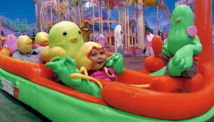 Image similar to 1990s photo of inside the Slime Friends Snow Potato Show ride at Universal Studios in Orlando, Florida, riding a hotdog through a dinner plate world, cinematic, UHD