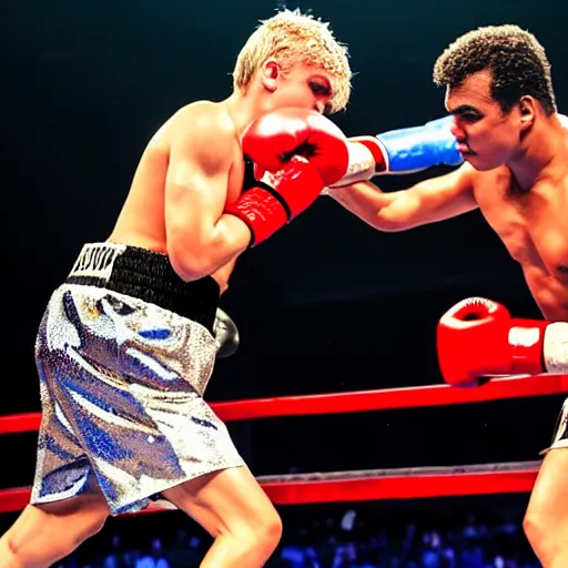 Image similar to jake paul vs mohammed ali, brutal boxing match, sports photography, sweat flying, hd high detail, professional photo