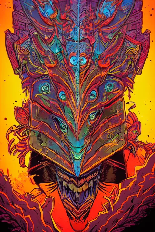 Image similar to totem animal tribal chaman vodoo mask feather gemstone plant wood rock video game illustration vivid color borderlands by josan gonzales and dan mumford radiating a glowing aura