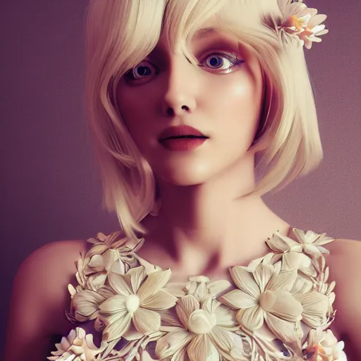 Image similar to beautiful blonde lady in a 3D flower dress , hyperrealistic, ultra detailed, octane render, symmetric, 3d, majestic, dark fantasy, intricate