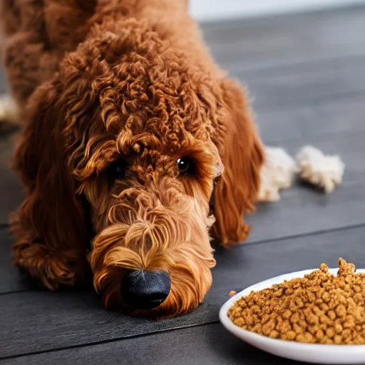 Image similar to a photograph of a goldendoodle eating dogfood, crisp