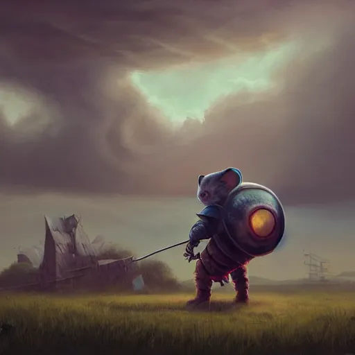 Image similar to Cloud Champion Hamster knight roaming the windswept field simon stalenhag edson campos christopher lovell daniela uhlig allison carl hiro izawa paul chadeisson pastel painting