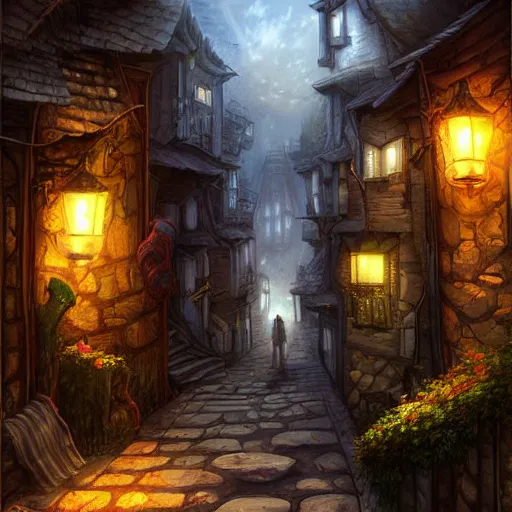 Prompt: narrow street between houses, fantasy art, concept art, high detail