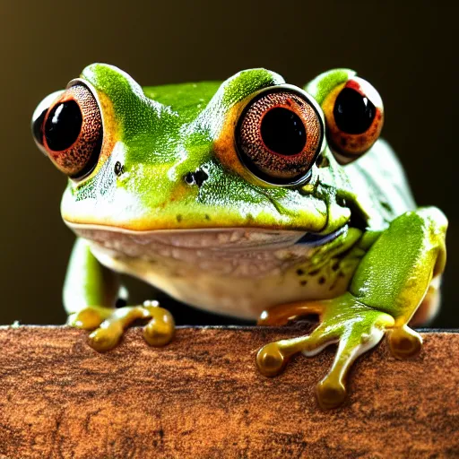 Image similar to closeup of a frog with the eyes of a house - fly, creature hybrid, high resolution photo, trending on artstation, 8 k