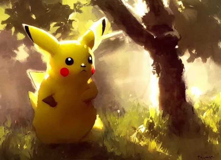 Image similar to oil painting of beautiful pikachu contemplating, art by anders zorn, wonderful masterpiece by greg rutkowski, beautiful cinematic light, american romanticism by greg manchess, creation by tyler edlin