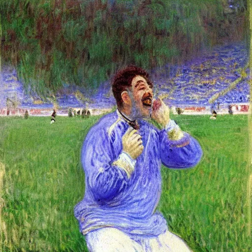 Image similar to monet painting of a man watching a soccer game, he is laughing deliriously, highly detailed, realistic,