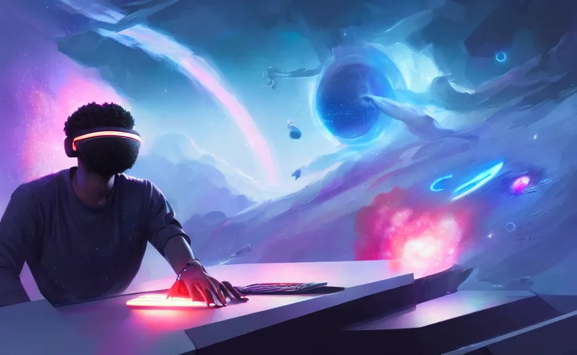 Image similar to handsome black genius hacking the metaverse, vr headset, holographic keyboard and curved digital holographic displays, floating through spacetime, exploding nebulae, highly detailed, digital painting, artstation, concept art, smooth, sharp focus, illustration, art by wlop, mars ravelo and greg rutkowski