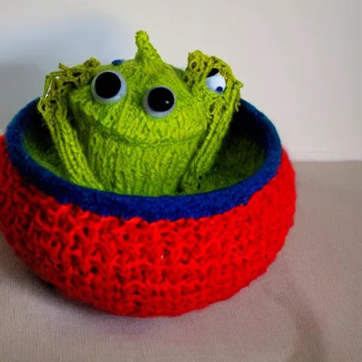 Prompt: a bowl of soup that looks like a monster, knitted out of wool