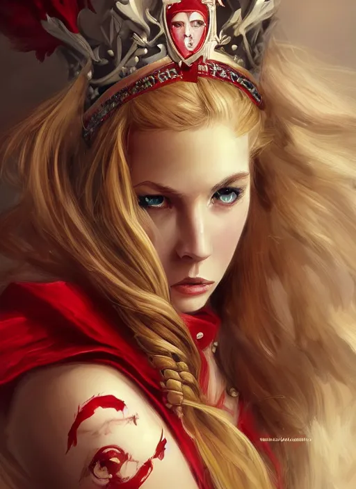Prompt: a highly detailed illustration of beautiful long dirty blonde haired pale girl wearing red epaulette uniform, wearing crown, red eyes, dramatic seductive pose, intricate, elegant, highly detailed, centered, digital painting, artstation, concept art, smooth, sharp focus, league of legends concept art, WLOP