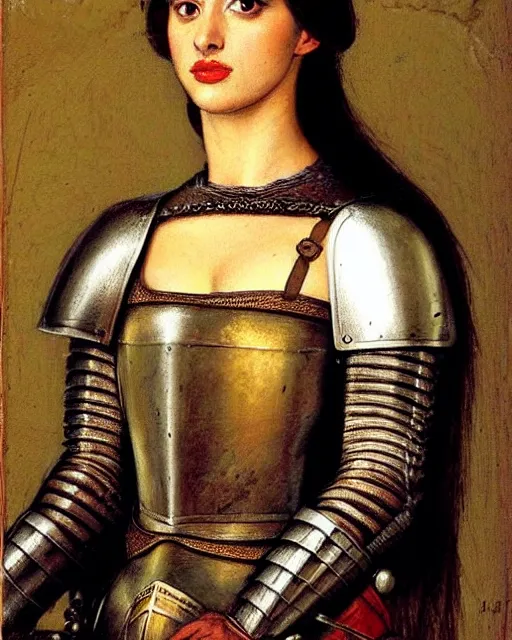 Image similar to medieval portrait of beautiful ana de armas dressed as an armored battle knight, in the style of eugene de blaas