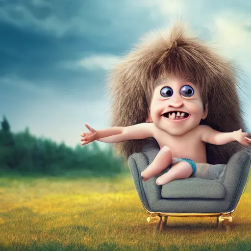 Image similar to young boy on a cute little monster with long fur on a cloud, portrait, pixar style, forest background, cinematic lighting, award winning creature portrait photography