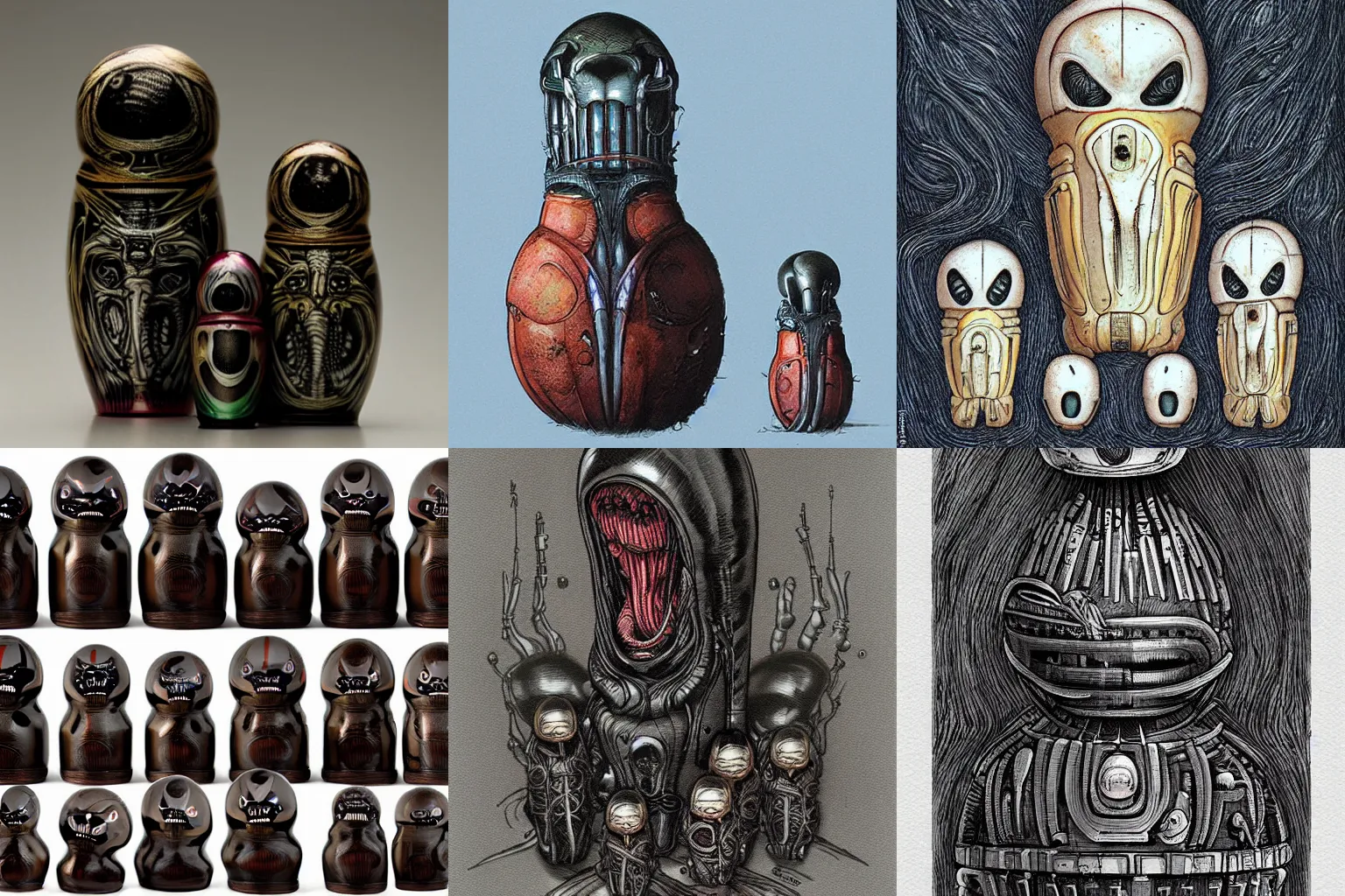 Prompt: aligned xenomorph nesting dolls, by h. r. giger and tony sandoval.