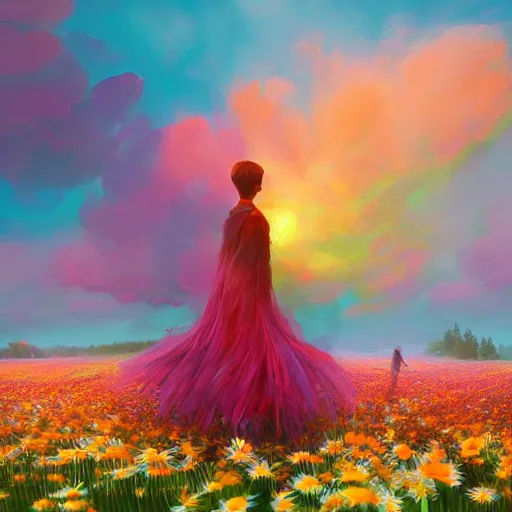 Prompt: giant daisies head, full body girl standing in a flower field, surreal photography, sunrise, dramatic light, impressionist painting, colorful clouds, digital painting, artstation, simon stalenhag