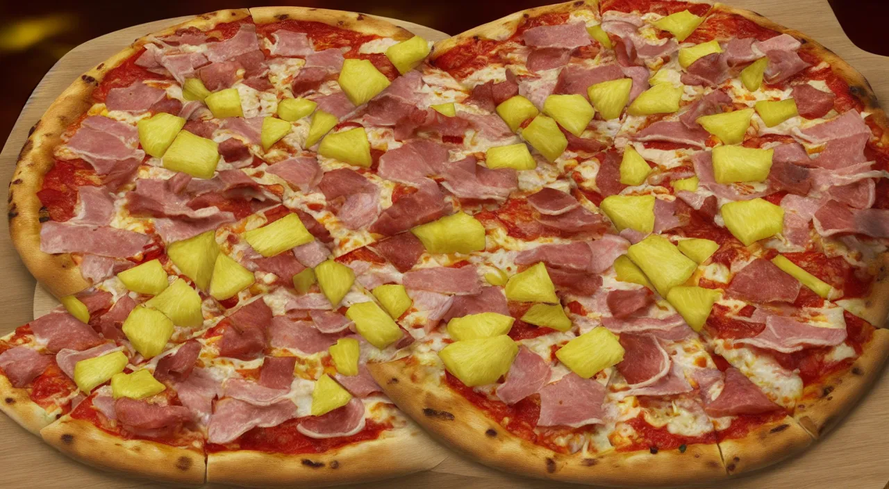 Image similar to one round tasty pizza with pineapple and ham, made in italy, ultra realistic, artstation