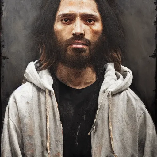 Image similar to a portrait of modern day jesus wearing hypebeast streetwear hoodie and pants by nicola samori, oil painting, realistic, 8 k, fear of god style