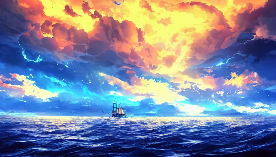 Image similar to one piece ship sailing, dynamic blue sky, storm sky, sun sunset, with blue light piercing through clouds, makoto shinkai, royal blue colors, lighting refraction, volumetric lighting, pixiv art, highly detailed, anime art, symmetrical, wlop, anime art