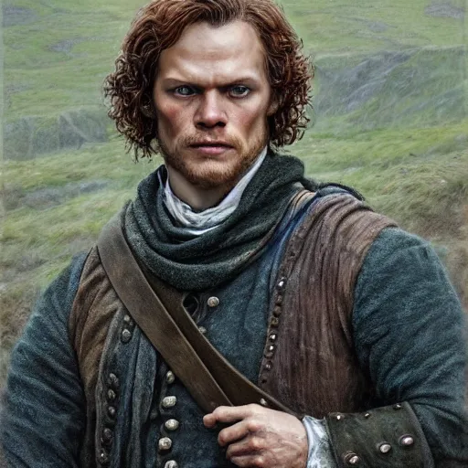 Image similar to Sam Heughan as Jamie Fraser from Outlander, close-up portrait art by Donato Giancola and James Gurney, digital art, trending on artstation