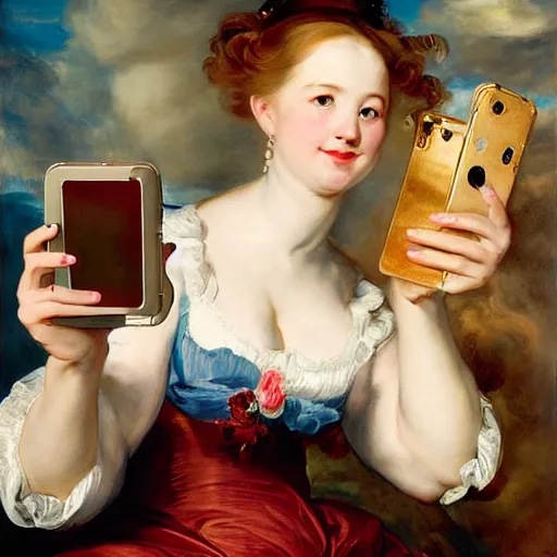 Image similar to heavenly summer sharp land sphere scallop well dressed lady taking a selfie with her iphone auslese, by peter paul rubens and eugene delacroix and karol bak, hyperrealism, digital illustration, fauvist, iphone