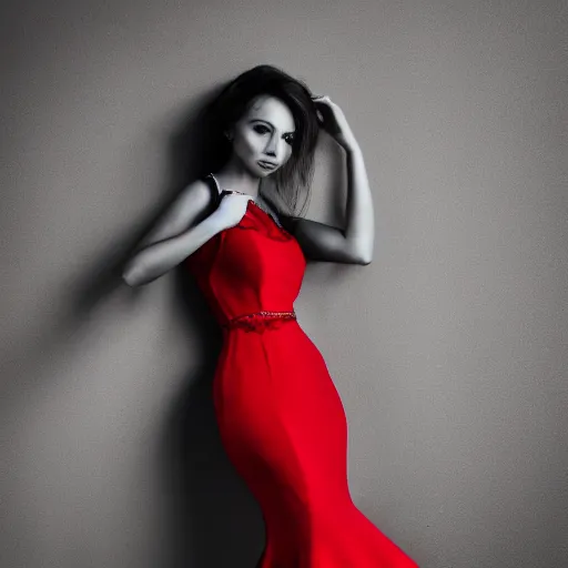 Image similar to a detailed portrait photo of elegant woman, noire photo, grayscale photo with red dress, photo by Michael David Rock, 8K, 50mm lens