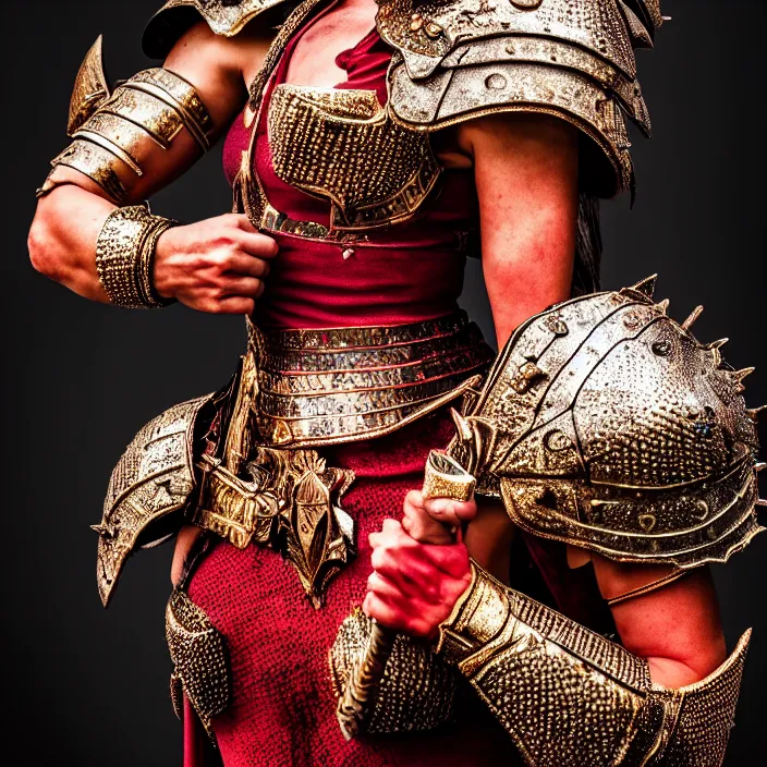 Prompt: full length photo of a beautiful strong warrior queen wearing ruby encrusted armour, highly detailed, 4 k, hdr, smooth, sharp focus, high resolution, award - winning photo