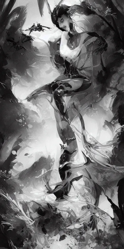 Image similar to highly detailed beautiful black and white photography of insects, sharp focus, dynamic lighting, elegant harmony, beauty, masterpiece, by riccardo federici, by james jean, by craig mullins, by lois van baarle, by makoto shinkai, by greg tocchini, by greg rutkowski, illustration, ink draw, pen,