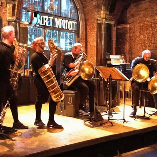 Prompt: medieval armoured knight jazz band on stage at the blue note