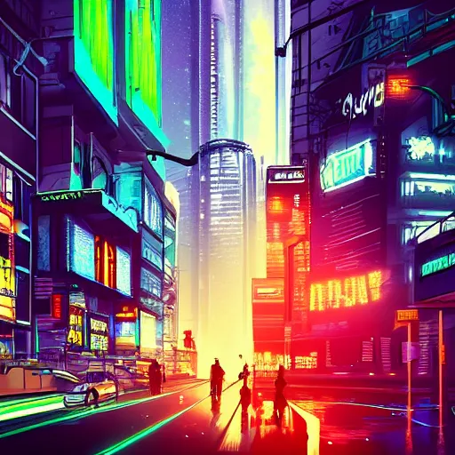 Image similar to sci-fi cyberpunk city street, billboards, neon holograms, neon signs, rainy night, dramatic lighting, cinematic, establishing shot, extremely high detail, photo realistic