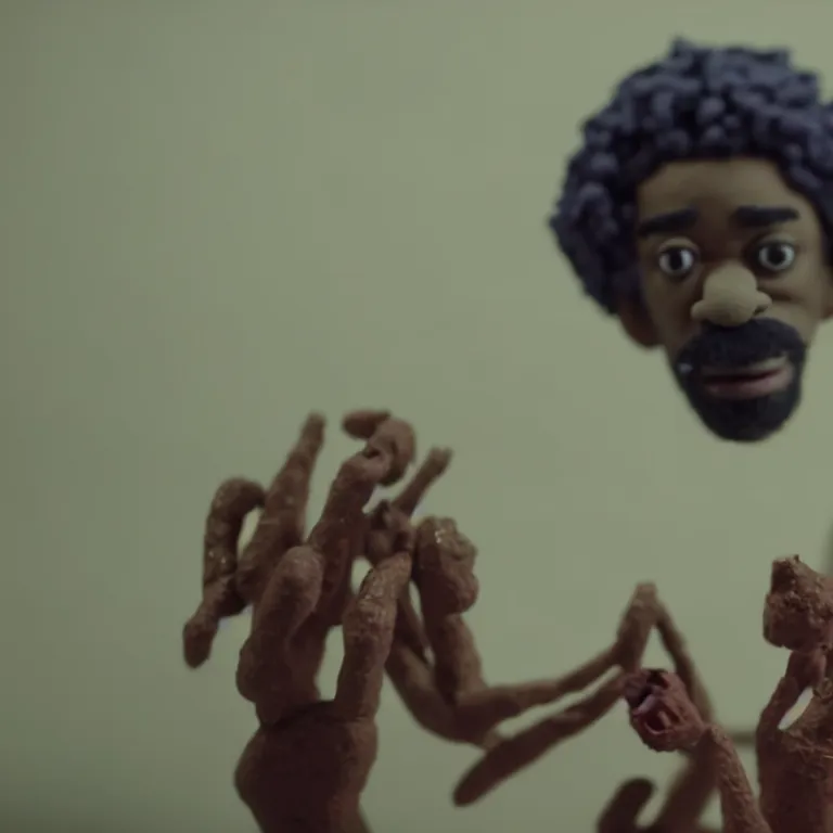 Image similar to a cinematic film still of a claymation stop motion film starring andre 3 0 0 0 hay ya music video, shallow depth of field, 8 0 mm, f 1. 8