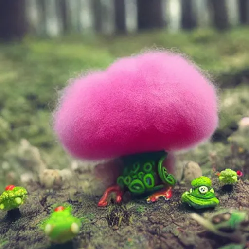 Image similar to an aesthetically pleasing fluffy fuzzy curly furred strawberry cow in a cottagecore mushroom filled forest with a tiny green frog sitting on a toadstool, pink fog, glitter, sparkles and shimmers, ambient occlusion, God rays, national goegraphic