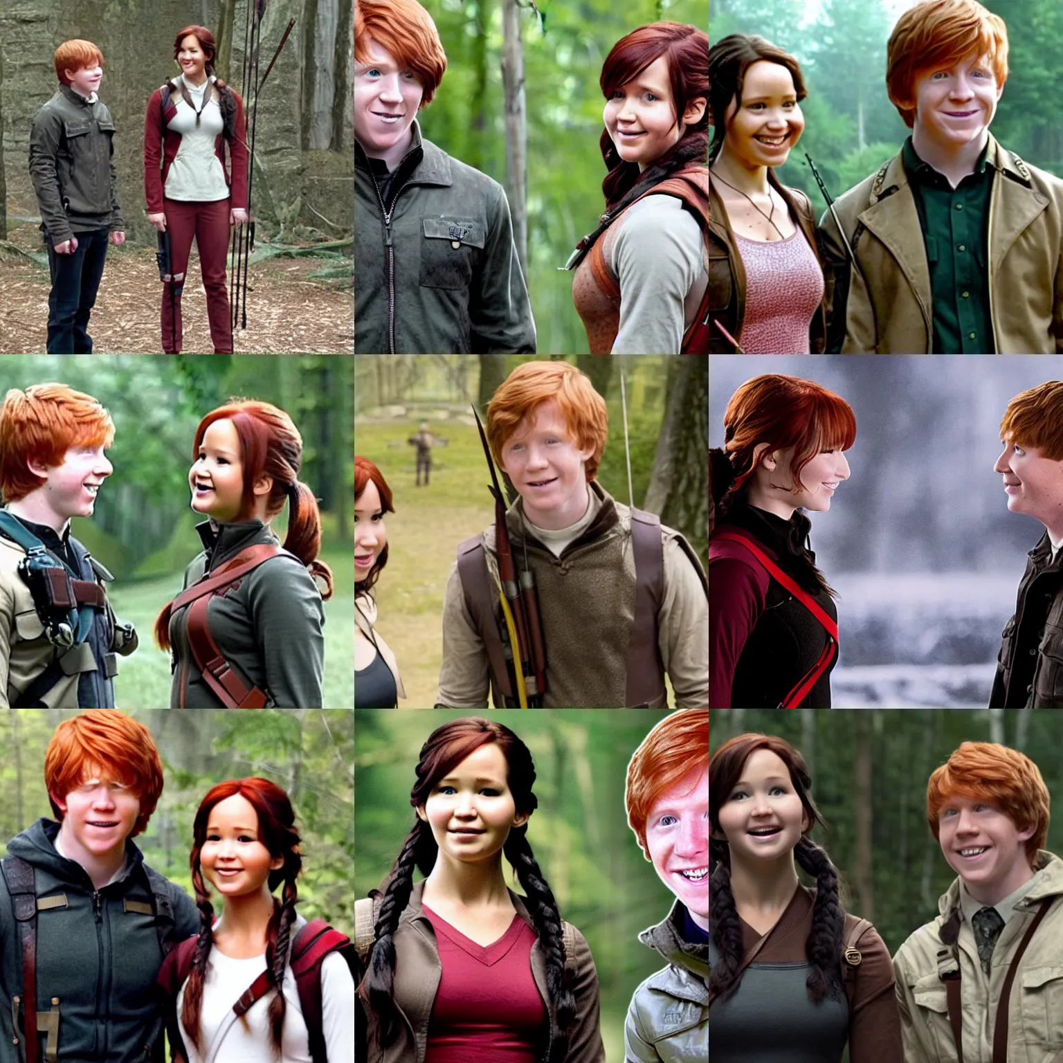 Prompt: Katniss Everdeen standing next to Ron Weasley, both smiling for the camera, film still from Harry Potter and the Philospher's Stone