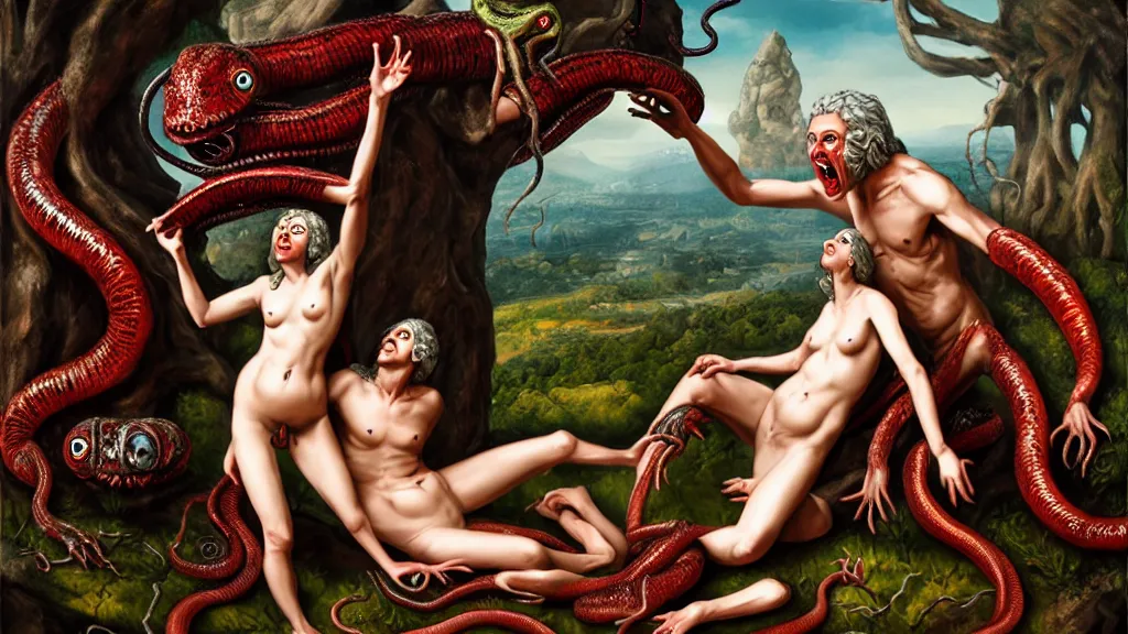 Image similar to Adam and eve with a screaming worm monster, maximalist, high detail, 8k, ornate, dark fantasy, realistic, masterpiece, complex, WLOP, wide angle