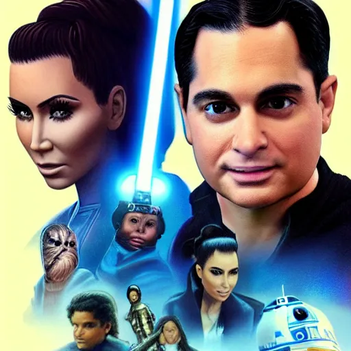 Image similar to super detailed star wars movie poster with ben shapiro, snooki and kim kardashian, 8k full HD photo, cinematic lighting, anatomically correct, oscar award winning, action filled, correct eye placement,