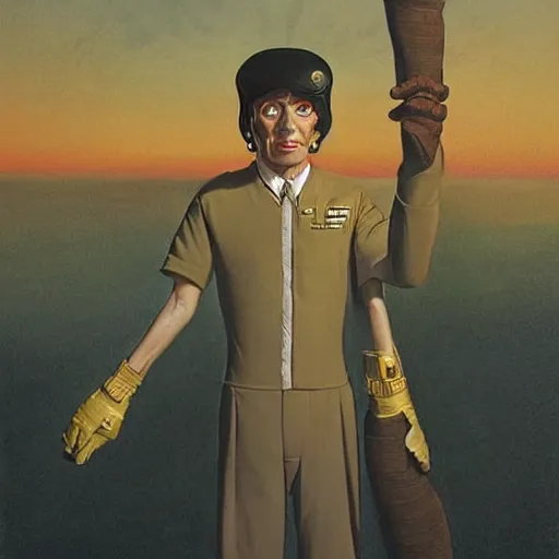 Image similar to unsettling rubbery mutant with thin lips and suspicious expression, wearing science fiction ss uniform by science fiction docks at sunset, by boris vallejo, deak ferrand, and greg rutkowski
