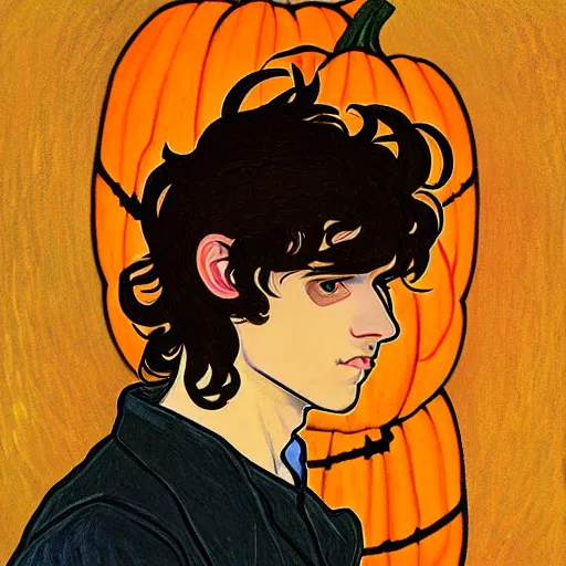 Image similar to painting of young cute handsome beautiful dark medium wavy hair man in his 2 0 s named shadow taehyung at the halloween pumpkin jack o'lantern party, depressed, melancholy, autumn, japan, elegant, clear, painting, stylized, delicate, soft facial features, delicate facial features, soft art, art by alphonse mucha, vincent van gogh, egon schiele