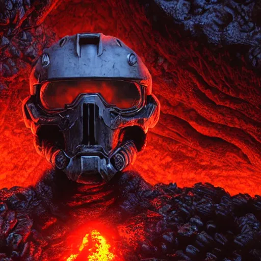 Image similar to head of the doom slayer emerges from a lava lake, cave background, high detail, lava reflections, cave reflecting in the lava lake, dramatic shot