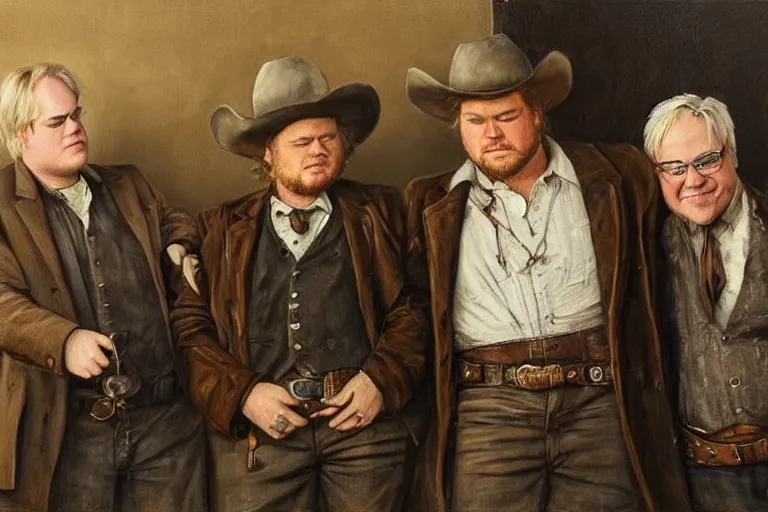 Prompt: detailed, realistic oil painting of phillip seymour hoffman with a pocket - watch and two bandits in a busy old west town