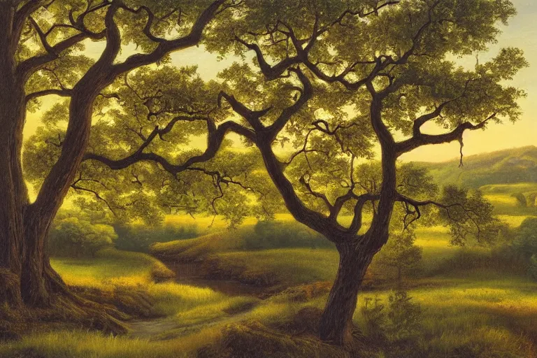 Prompt: masterpiece painting of oak trees on a hillside overlooking a creek, dramatic lighting, by charles santore