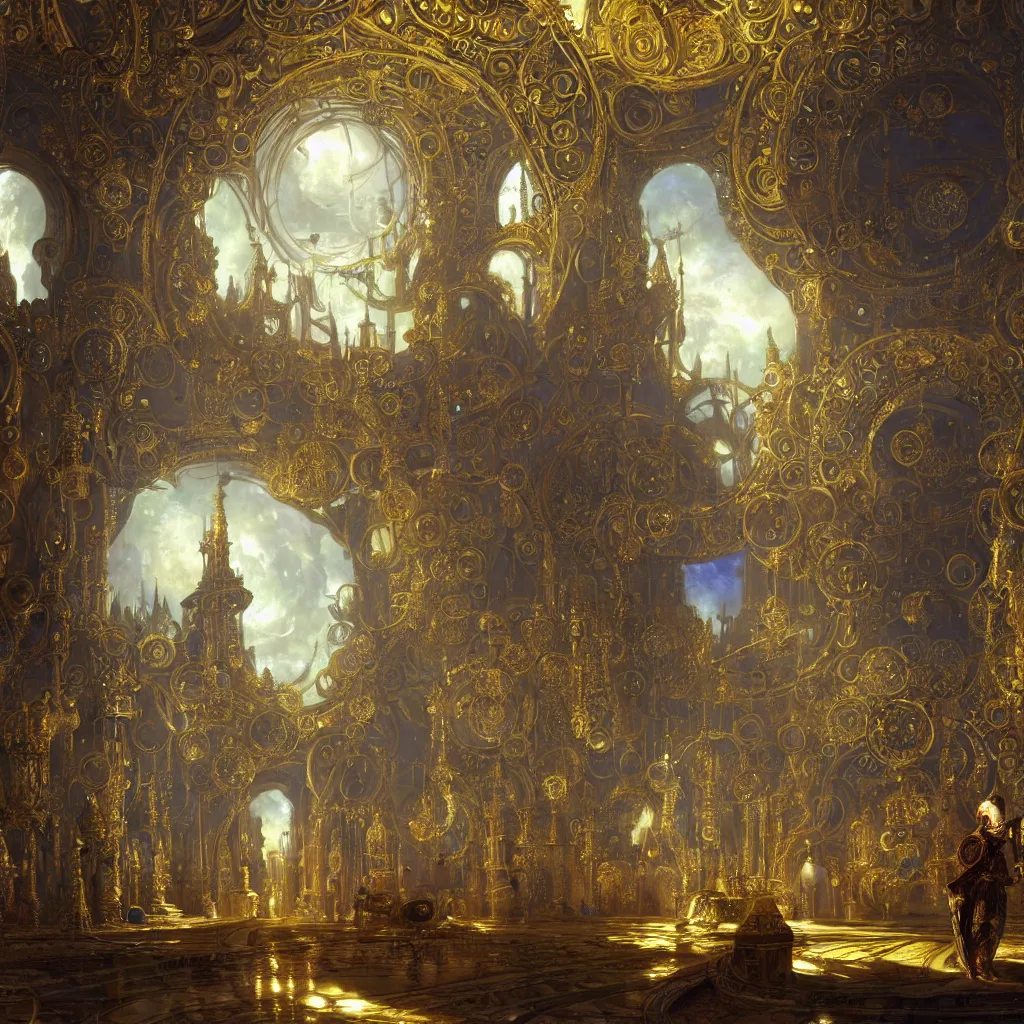 Prompt: soap bubble mind, symetrical highly detailed ornate with jewels and precious metals futuristic, sandman kingdom, close up in the bg entrance castle kingdom of dreams, space ships, hiperrealistc, global illumination, radiant light, cosmic detailed and intricate environment. art by andreas achenbach