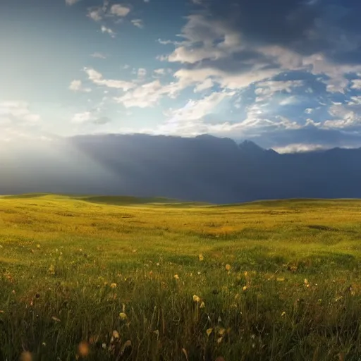 Image similar to an epic cinematic 8K HD movie shot of a meadow