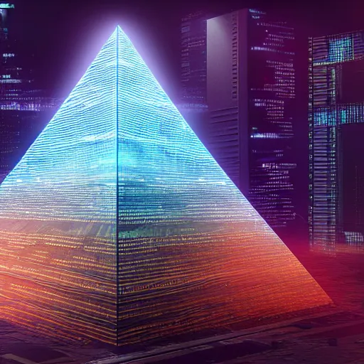 Prompt: a hyper realistic picture of a cyberpunk pyramid with multiple lights coming out of it