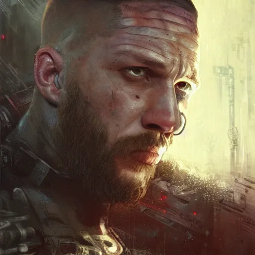 Image similar to tom hardy, cyborg, implant, hacker, cyberpunk, painted by seb mckinnon, high detail, dramatic light, digital art, painted by greg rutkowski, promotional movie posterart, trending on artstation