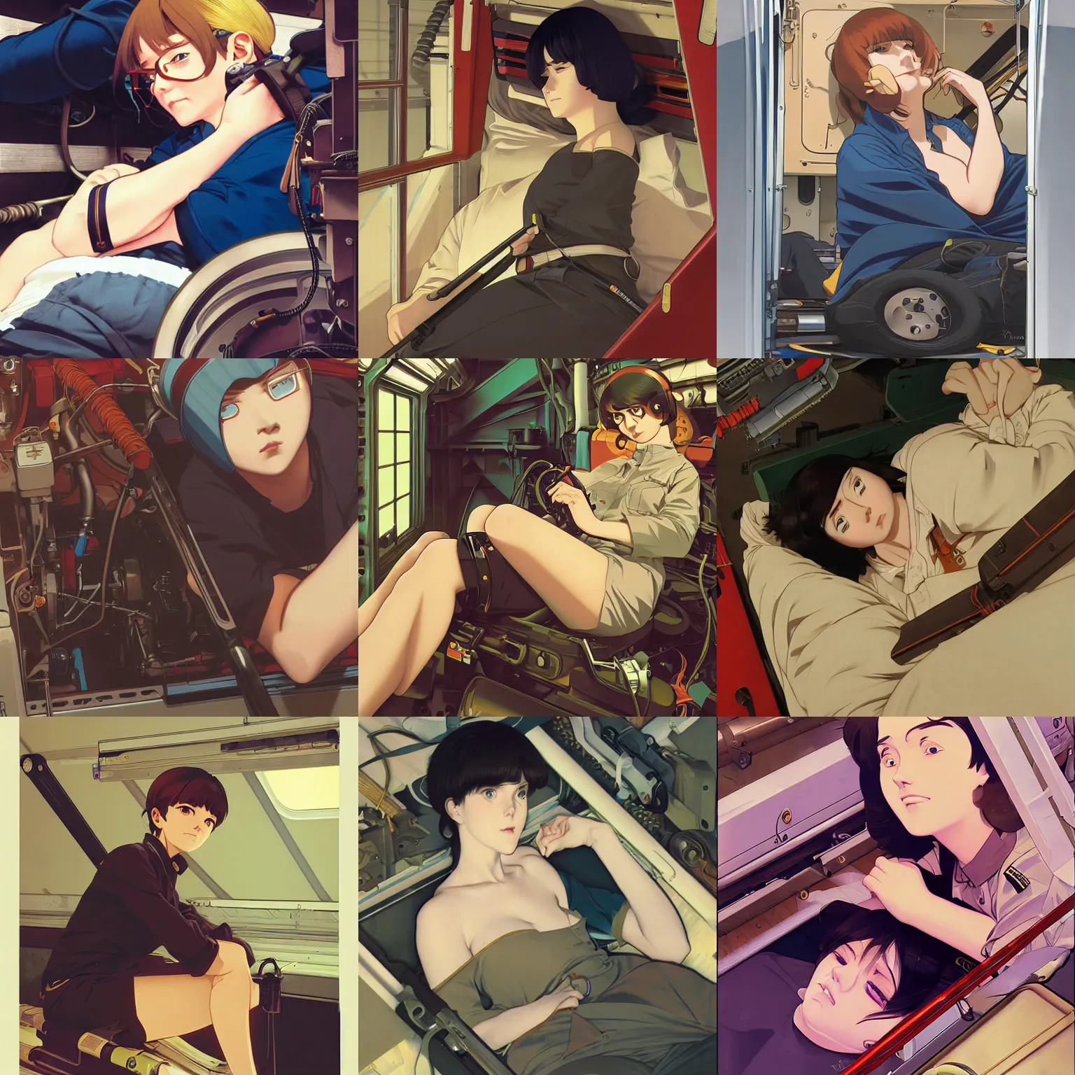 Prompt: portrait of a mechanic lying in her cramped and dimly lit bunk, ilya kuvshinov face, highly detailed, cel shading, digital painting, anime key visual, artwork by hayao miyazaki and alphonse mucha