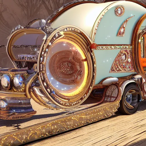 Image similar to a futuristic neo - gypsy caravan, decorated polished wood, lace and velvet and silk material, volume light, hyper realistic highly detailed 4 k