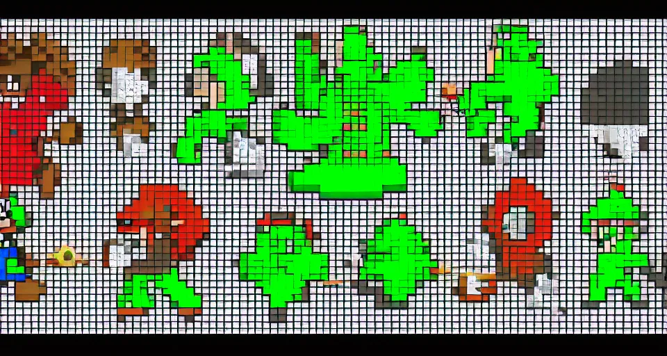 Image similar to sprite sheet of mario bros, 8 k, very high resolution, pixelart, processing, extremely hyperdetailed