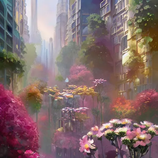 Image similar to a painting of an art - deco cityscape surrounded by flowers, a watercolor and matte painting by magali villenueve and mandy jurgens and charlie bowater, cgsociety, artdeco, utopia art, sci - fi, artstation hq