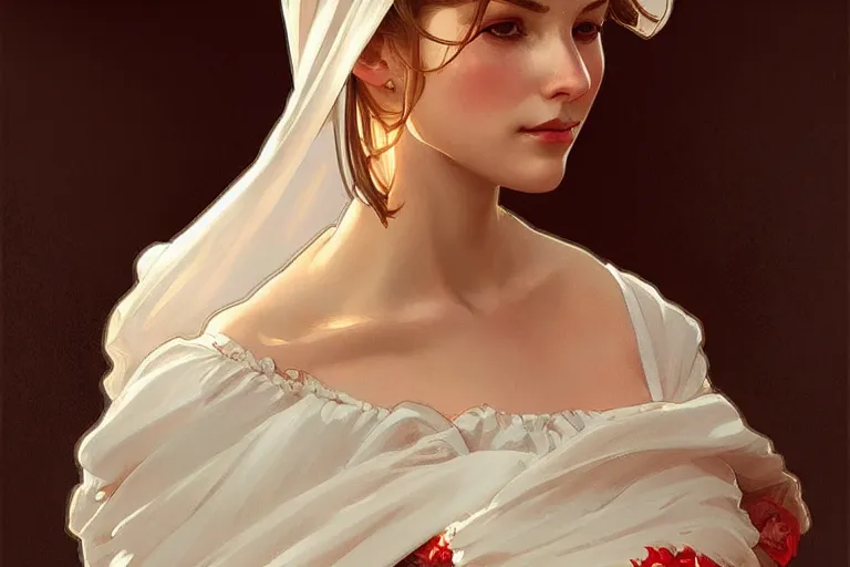 Image similar to Sensual beautiful perfect Polish woman in Polish traditional dress, portrait, elegant, intricate, digital painting, artstation, concept art, smooth, sharp focus, illustration, art by artgerm and greg rutkowski and alphonse mucha