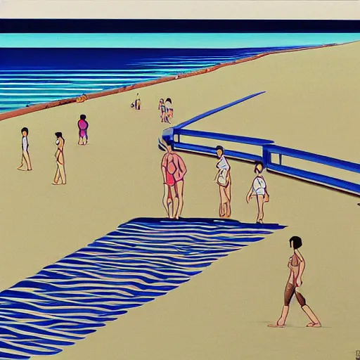 Prompt: a beautiful painting of a sunny day at the empty beach by hiroshi nagai and hirohiko araki, detailed line art