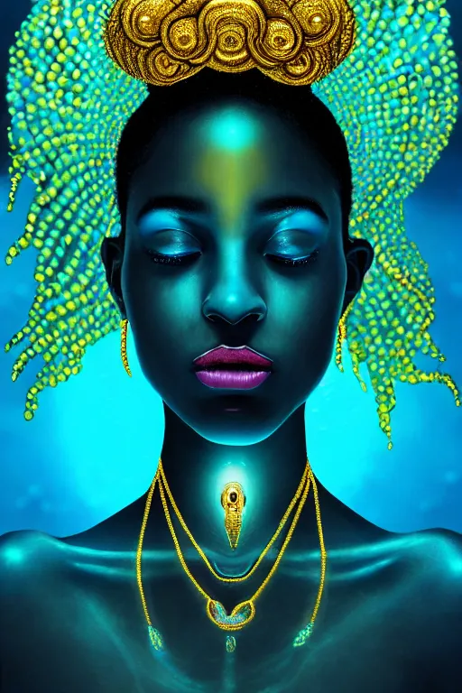 Prompt: hyperrealistic whole body cinematic bioluminescent very expressive! oshun goddess underwater scene, gold jewerly, highly detailed face, digital art masterpiece, smooth eric zener cam de leon, dramatic pearlescent turquoise light on one side, low angle uhd 8 k, shallow depth of field