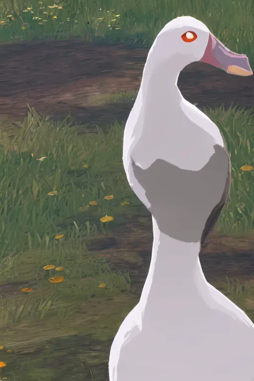 Prompt: in game footage of a white goose from the legend of zelda breath of the wild, breath of the wild art style.